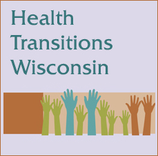 Health Transitions Wisconsin Logo: raised hands in green, turquoise and orange.