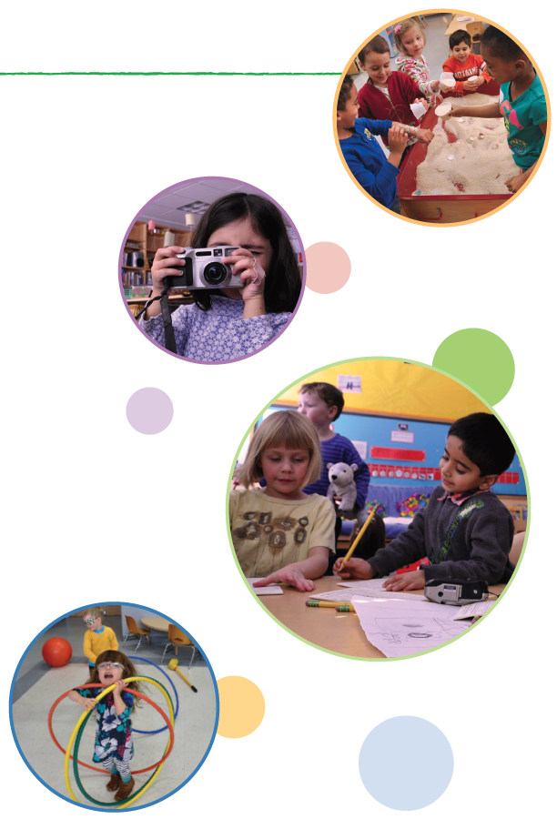 Four images with circles around them. From top to bottom: Five children smiling playing in a sand table. Girl with dark brown hair holding a camera up to her face. One girl with short blonde hair and one boy with black hair writing at a desk. Girl with glasses standing with three hula hoops around her