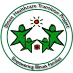 "Illinois Healthcare Transition Project" with four green stars with heads. The two large stars point to a red sun. The two smaller green stars point to a red square with one black vertical line and one black horizontal line inside. Below the image is "Empowering Illinois Families"