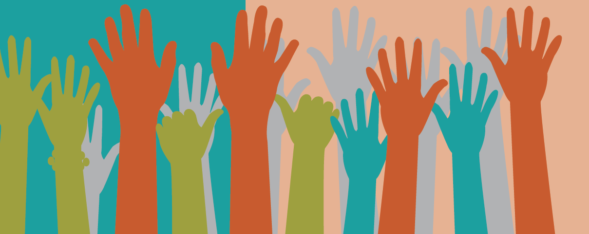 Green, orange, and turquoise raised hands with turquoise and light orange background.
