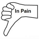 In Pain inside outline of hand with thumb pointing down.