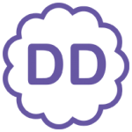 Purple letters "DD" inside a circular cloud.