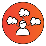 Orange circle with figure and three clouds coming out of the head to represent 