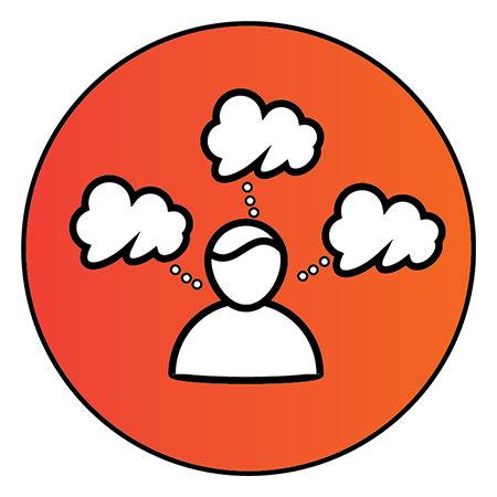 Orange circle with figure and three clouds coming out of the head to represent "Decisions"