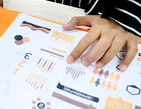 Looking ovwer a paper with graphs on the page